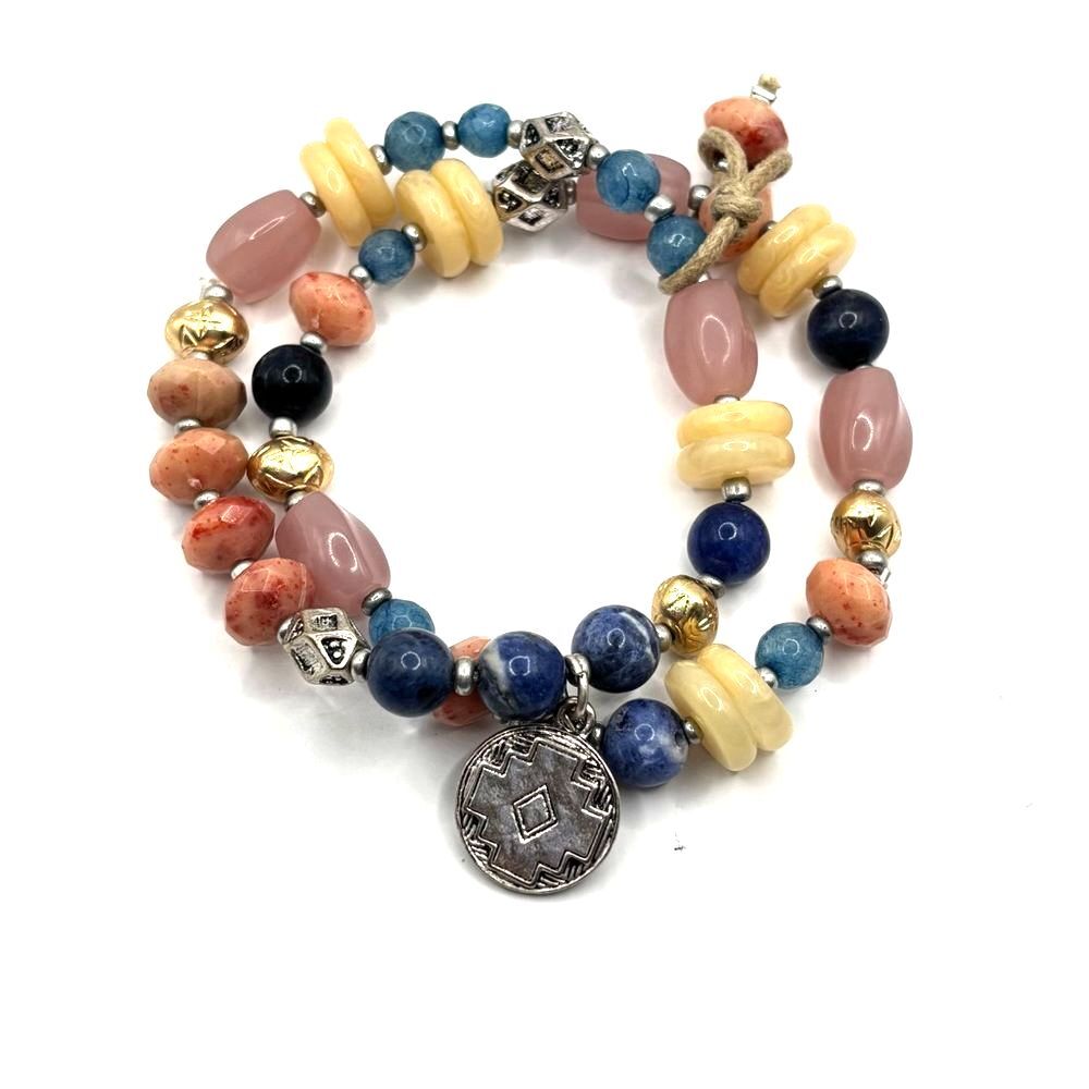 Elegant Beaded Bracelet Set with Silver Tribal Charm